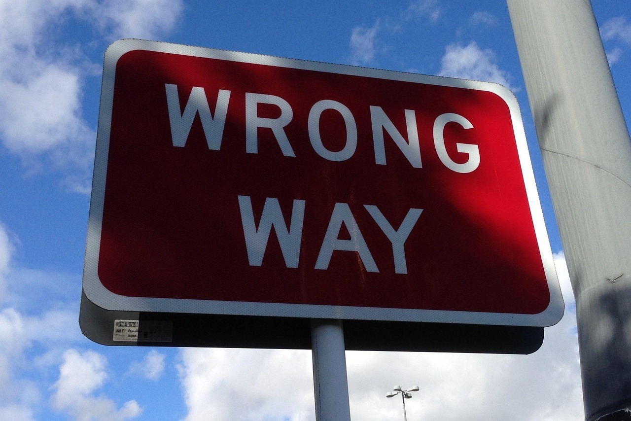A traffic sign, red with white lettering, announcing "Wrong Way"