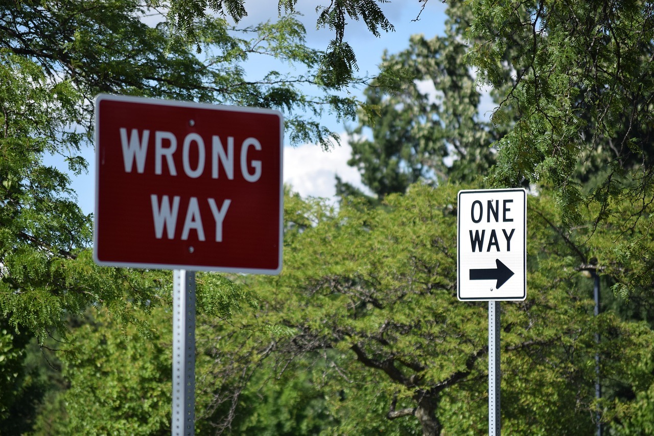 A red "Wrong Way" street sign and a white "One Way" street sign.